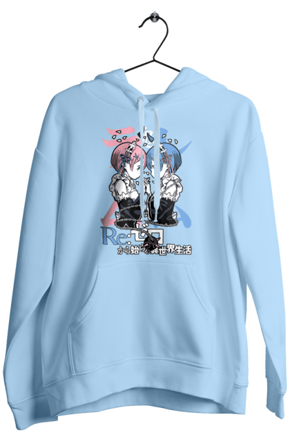 Men's hoodie with prints Re:Zero. Anime, drama, fantasy, manga, ram, re:zero, rem, thriller. 2070702