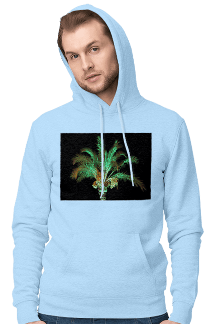Чоловіче худі з принтом "Фінікова Пальма Вночі". Берег, відпочинок, відпустка, зелений, море, ніч, оазис, океан, острів, пальма, південь, подорож, пригоди, тропіки, фінікова, чорне. 2070702