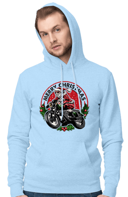 Чоловіче худі з принтом "Щасливого Різдва, дід мороз на мотоциклі". 2022, дід мороз, зима, мотоцикл, новий рік, подарунки, різдво, санта, сніг. 2070702