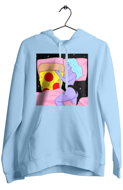 Men`s hoodie with prints Purple Girl And Pizza. Bed, girl, pizza. 2070702