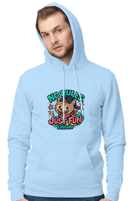 Чоловіче худі з принтом "Лабубу". Norulesjustfun, y2k, бандана, вуличний стиль, грайливий, графіті, зухвалий, лабубу, ретромультяшка, яскраво. 2070702
