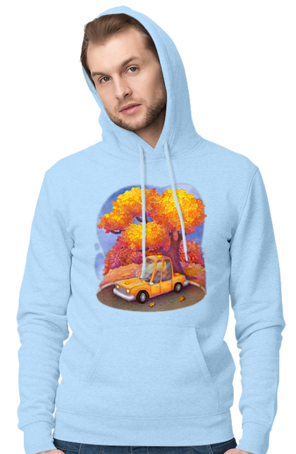 Чоловіче худі з принтом "Осiнь Авто Дерево". Дерево, жовтий мила ілюстрація, машина, осінь, помаранчевий. 2070702