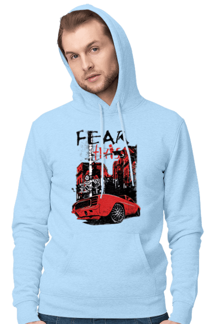 Men`s hoodie with prints Red Car In The City. Riding, town. 2070702