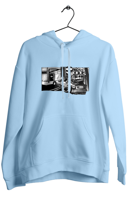 Men`s hoodie with prints Dangerous Car on the roads of the streets. Black and white, car, dangerous, fast, machine, race. 2070702