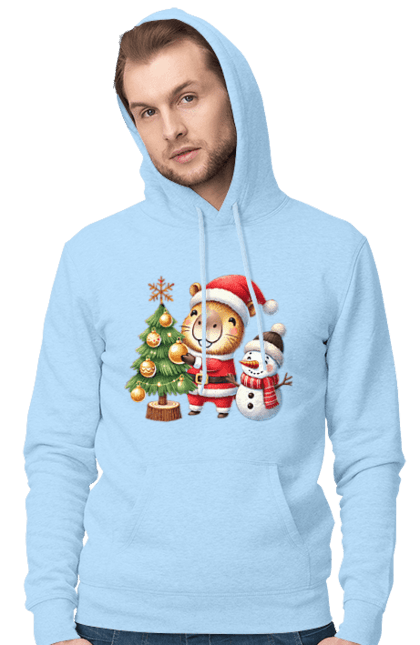 Men's hoodie with prints Christmas Capybara with a Tree. Animal, capybara, christmas, christmas capybara, christmas tree, gift, holiday, new year, new year`s gift, santa. 2070702