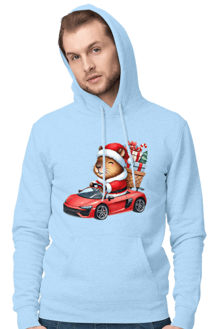 Men's hoodie with prints Christmas Capybara with a Gift. Animal, capybara, car, christmas, christmas capybara, gift, holiday, new year, new year`s gift, santa. 2070702