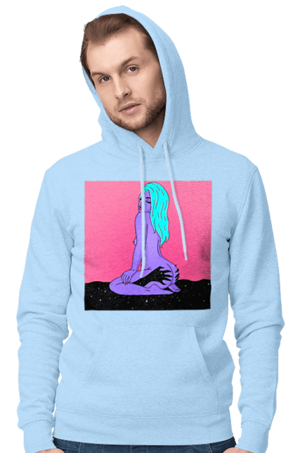 Чоловіче худі з принтом "Фіолетова Дівчина В Руках". Дівчина, інопланетянка, сидить. 2070702