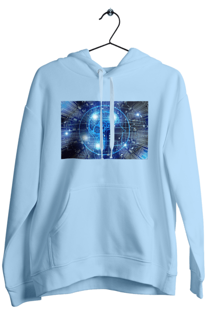 Чоловіче худі з принтом "Штучний інтелект". Айті, айтішник, гік, знання, інженер, інтелект, кібер, кібернетика, кіборг, код, комп, комп`ютерник, кристал, машинне навчання, мікросхема, мозок, портрет, програміст, професіонал, професія, розробник, розум, хакер, чіп, штучний інтелект, штучний розум. 2070702