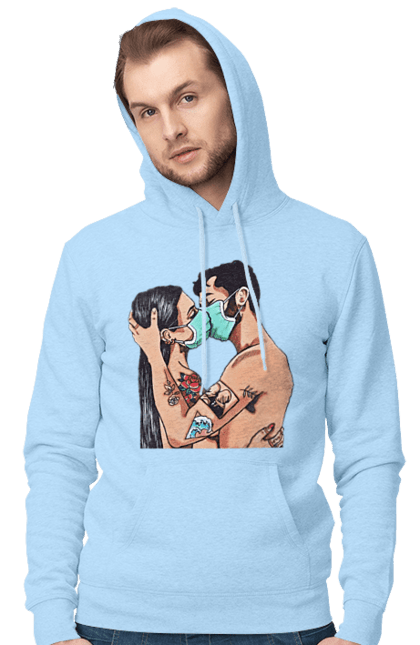 Men`s hoodie with prints Coronavirus Love. Coronavirus, kiss, love, mask, quarantine. 2070702