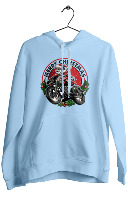 Чоловіче худі з принтом "Щасливого Різдва, дід мороз на мотоциклі". 2022, дід мороз, зима, мотоцикл, новий рік, подарунки, різдво, санта, сніг. 2070702
