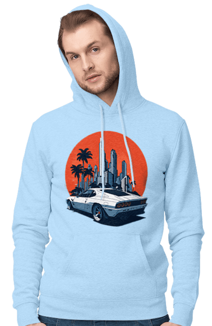 Чоловіче худі з принтом "Авто". Гонка, захід сонця, спортивний автомобіль, швидкість. 2070702