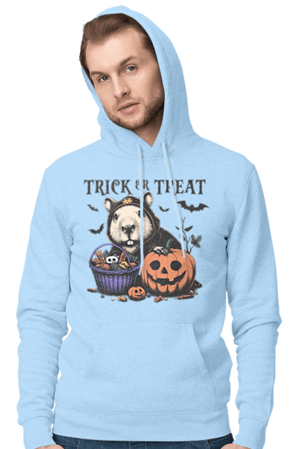 Men's hoodie with prints Capybara Halloween. Animal, capybara, halloween, holiday, moon, pumpkin, rodent. 2070702