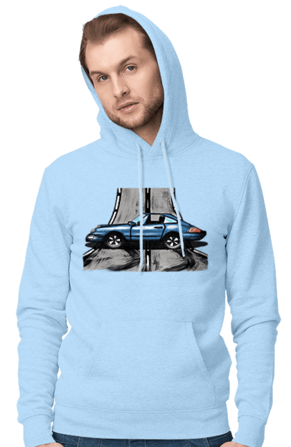 Чоловіче худі з принтом "Спортивний Автомобіль На Дорозі". Автомобіль, гонки, синій, спортиного, швидкий, швидкісний. 2070702