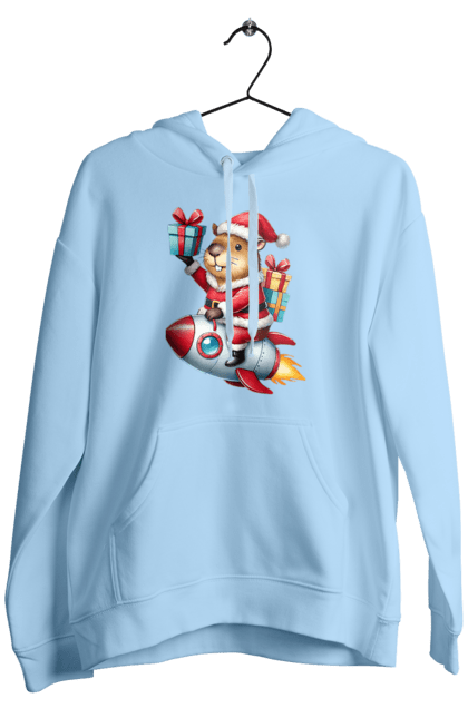 Men's hoodie with prints Christmas Capybara with a Gift. Animal, capybara, christmas, christmas capybara, gift, holiday, new year, new year`s gift, rocket, santa. 2070702