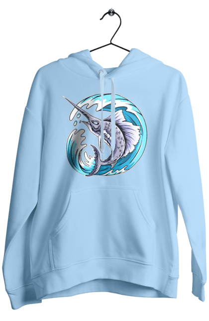 Men`s hoodie with prints Fish Sword And Wave. Swordfish, wave. 2070702