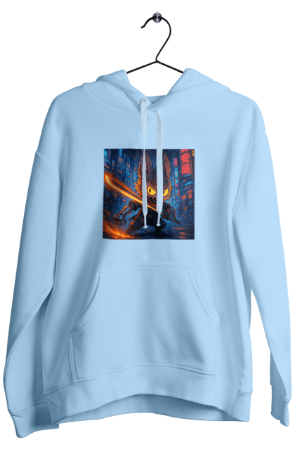 Чоловіче худі з принтом "Лабубу". Аніместиль, дія, катана, кіберніндзя, кіберпанк, лабубу, меч, неонове місто, очі` що світяться. 2070702