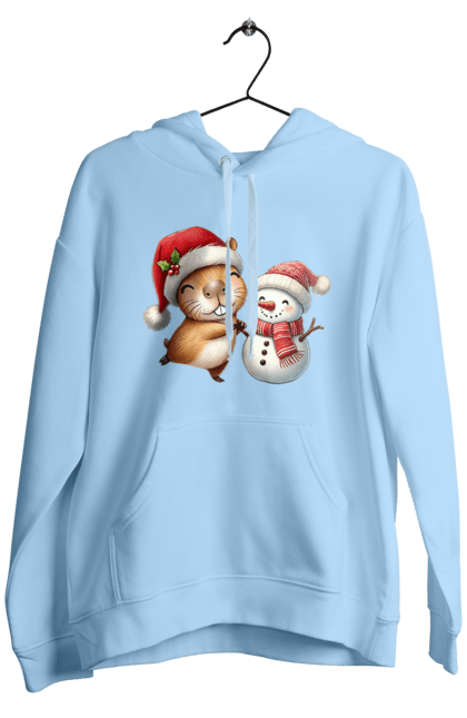 Men's hoodie with prints Capybara and Snowman. Animal, capybara, christmas, christmas capybara, gift, holiday, new year, new year`s gift, santa, snowman. 2070702