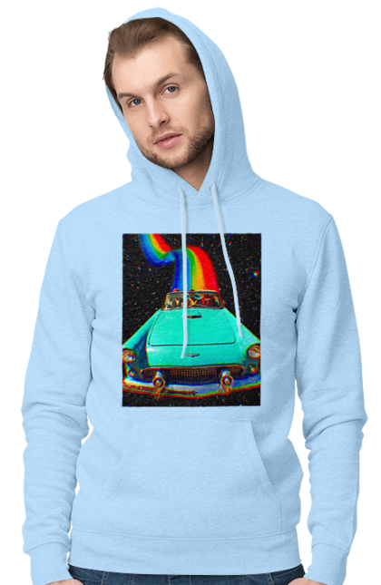 Чоловіче худі з принтом "Картина, машина у космосі". Веселка, картина, космос, машина, подорожі, поїздка, прикол, ретро. 2070702