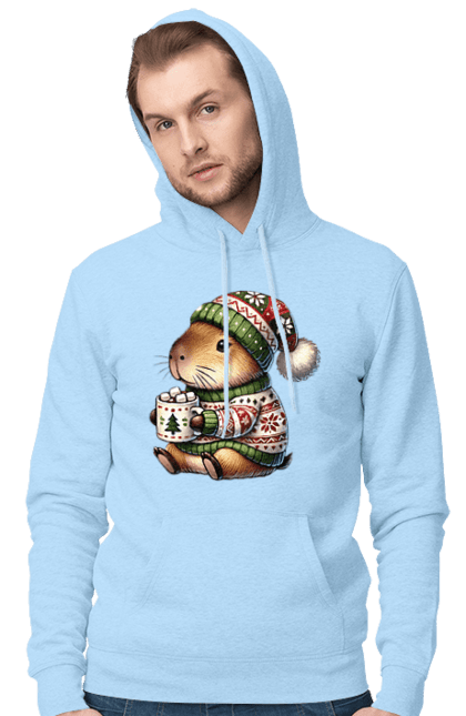 Men's hoodie with prints Capybara with hot chocolate. Animal, capybara, christmas, christmas capybara, gift, holiday, hot chocolate, new year, santa. 2070702