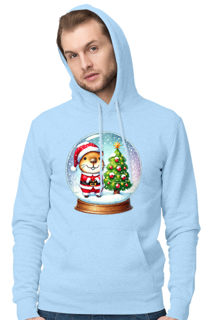 Men's hoodie with prints Christmas Capybara with a Tree. Animal, capybara, christmas, christmas capybara, christmas tree, gift, holiday, new year, new year`s gift, santa. 2070702