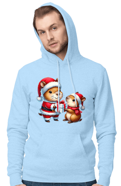 Men's hoodie with prints Christmas Capybara with a Gift. Animal, capybara, christmas, christmas capybara, gift, holiday, new year, new year`s gift, santa. 2070702