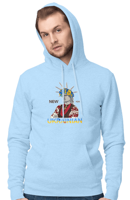Men`s hoodie with prints UA & NY. Embroidered shirt, new york, statue of liberty, ukraine, wreath. 2070702