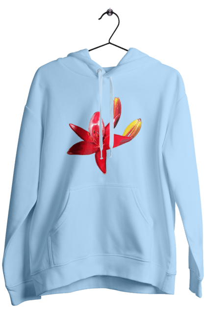 Men`s hoodie with prints Red lily. Bright, bud, buds, color, flower, lily, nature, red, red flower, red lily, sunny. 2070702