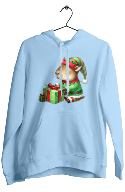 Men's hoodie with prints Christmas Elf Capybara. Animal, capybara, christmas, christmas elf, gift, holiday, new year, new year`s gift. 2070702