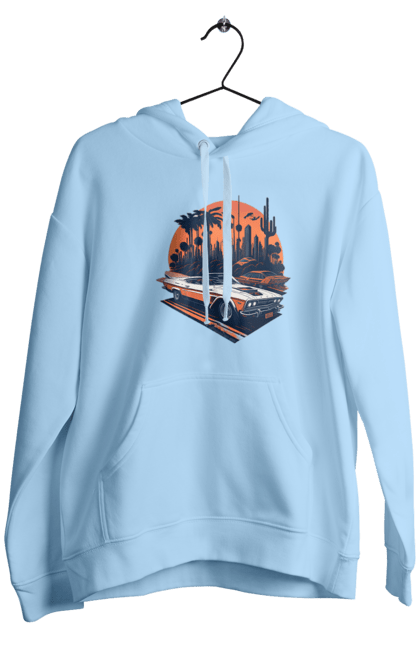 Men`s hoodie with prints Beautiful car at sunset. Auto, sun, sunset. 2070702