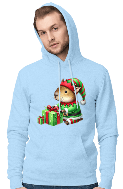 Men's hoodie with prints Christmas Elf Capybara. Animal, capybara, christmas, christmas elf, gift, holiday, new year, new year`s gift. 2070702