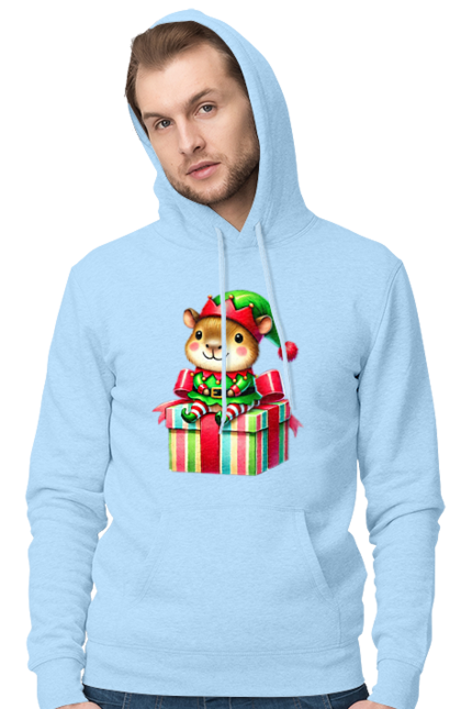 Men's hoodie with prints Christmas Capybara with a Gift. Animal, capybara, christmas, christmas capybara, christmas elves, gift, holiday, new year, new year`s gift, santa. 2070702