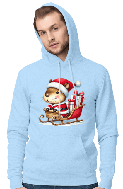 Men's hoodie with prints Christmas Capybara with a Gift. Animal, capybara, christmas, christmas capybara, gift, holiday, new year, new year`s gift, santa. 2070702