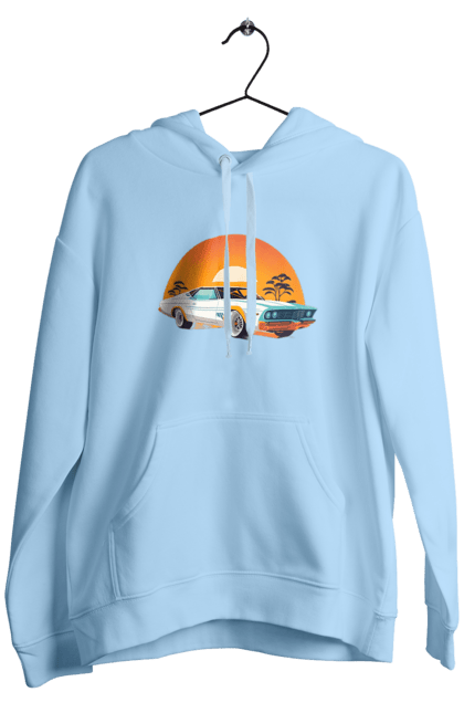 Men`s hoodie with prints Beautiful car at sunset. Auto, decline, sun. 2070702