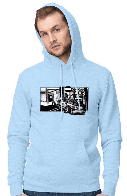 Men`s hoodie with prints Dangerous Car on the roads of the streets. Black and white, car, dangerous, fast, machine, race. 2070702