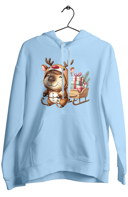 Men's hoodie with prints Christmas Capybara with a Gift. Animal, capybara, christmas, christmas capybara, gift, holiday, new year, new year`s gift, santa. 2070702