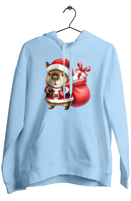 Men's hoodie with prints Christmas capybara with a gift. Animal, capybara, christmas, christmas capybara, gift, holiday, new year, new year`s gift, santa. 2070702