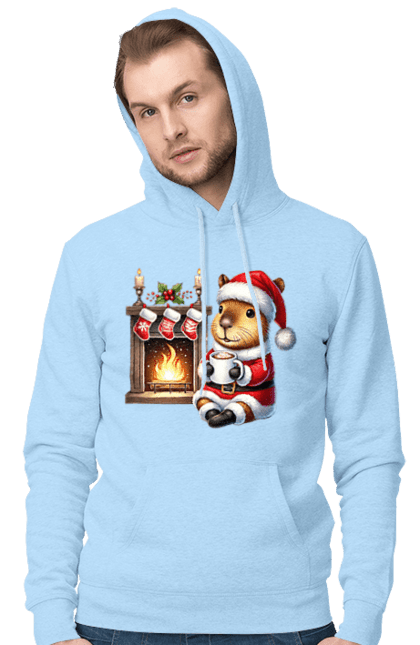 Men's hoodie with prints Capybara by the fireplace with hot chocolate. Animal, capybara, christmas, christmas capybara, fireplace, gift, holiday, hot chocolate, new year, santa. 2070702