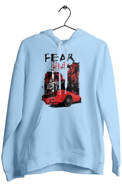 Men`s hoodie with prints Red Car In The City. Riding, town. 2070702