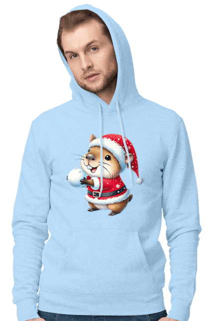 Men's hoodie with prints Capybara playing snowballs. Animal, capybara, christmas, christmas capybara, game, gift, holiday, new year, santa, snowballs. 2070702