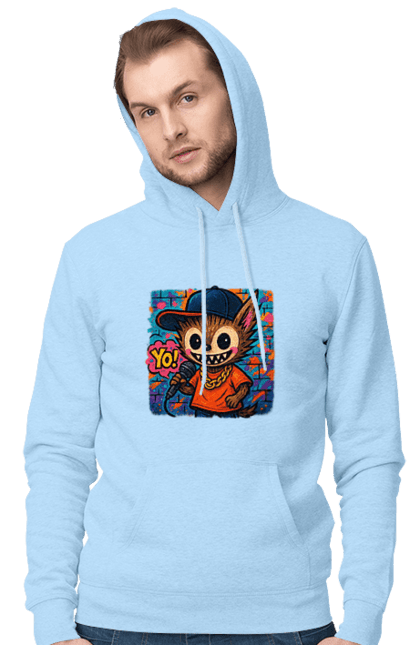 Чоловіче худі з принтом "Лабубу". Бейсболка, вуличне мистецтво, графіті, золотийланцюг, лабубу, мікрофон, міський стиль, репатмосфера, хіпхоп, яскраво. 2070702