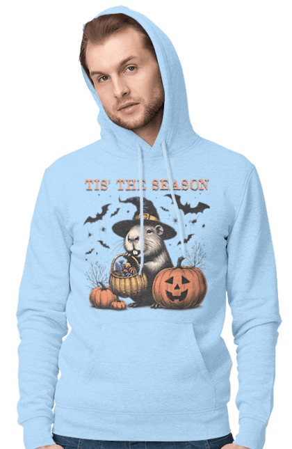 Men's hoodie with prints Capybara Halloween. Animal, capybara, ghost, halloween, holiday, moon, pumpkin, rodent, witch. 2070702