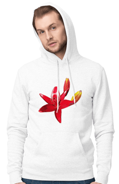 Men`s hoodie with prints Red lily. Bright, bud, buds, color, flower, lily, nature, red, red flower, red lily, sunny. 2070702