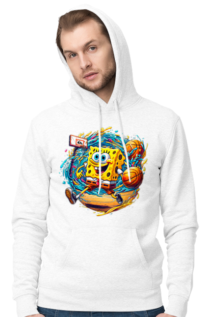 Men's hoodie with prints SpongeBob. Animated series, ball, basketball, cartoon, spongebob, spongebob squarepants, sport. 2070702