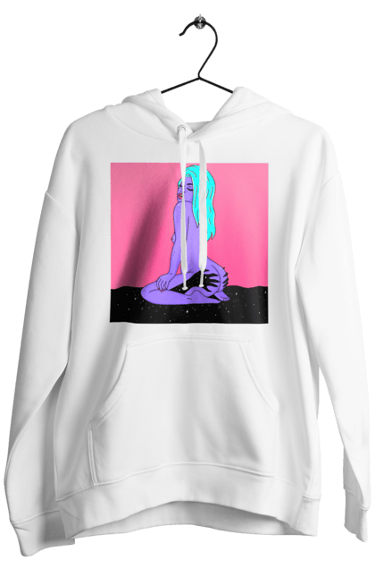 Чоловіче худі з принтом "Фіолетова Дівчина В Руках". Дівчина, інопланетянка, сидить. 2070702