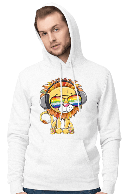 Men`s hoodie with prints Lion In Glasses And Headphones. Glasses, headphones, lion cub. 2070702