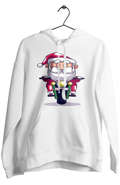 Чоловіче худі з принтом "Щасливий Санта на мотоциклі". 2022, дід мороз, зима, мотоцикл, новий рік, різдво, санта, сніг. 2070702