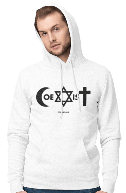 Мужское худи с принтом Coexist. Coexist, ислам, иудаизм, межрелигиозный диалог, равенство, религия, символы веры, толерантность, христианство. 2070702