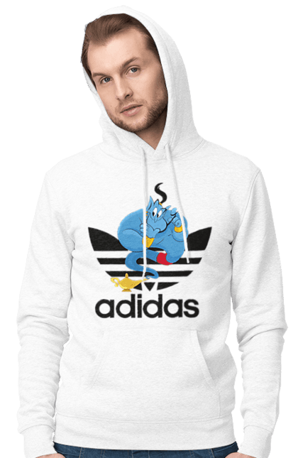 Мужское худи с принтом Adidas Джинни. Adidas, aladdin, genie, адидас, аладдин, джинни, мультфильм, персонаж. 2070702