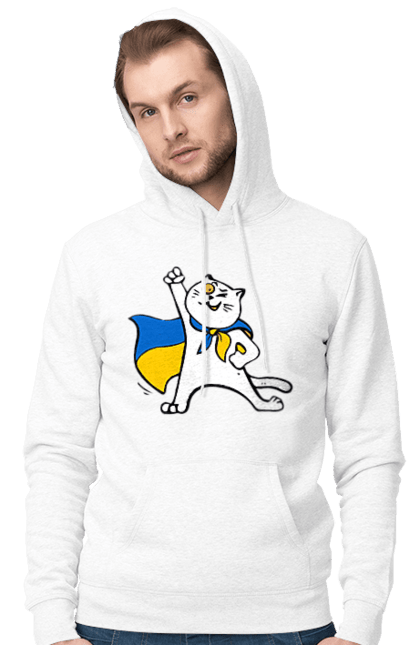 Чоловіче худі з принтом "Білий кіт з прапором України". Кіт, кіт з прапором, кіт патріот, патріот, символ україни, україна. Print Shop