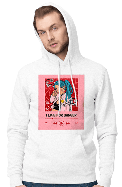 Men`s hoodie with prints I Live For Danger. Anime, music, pistol, turntable. 2070702